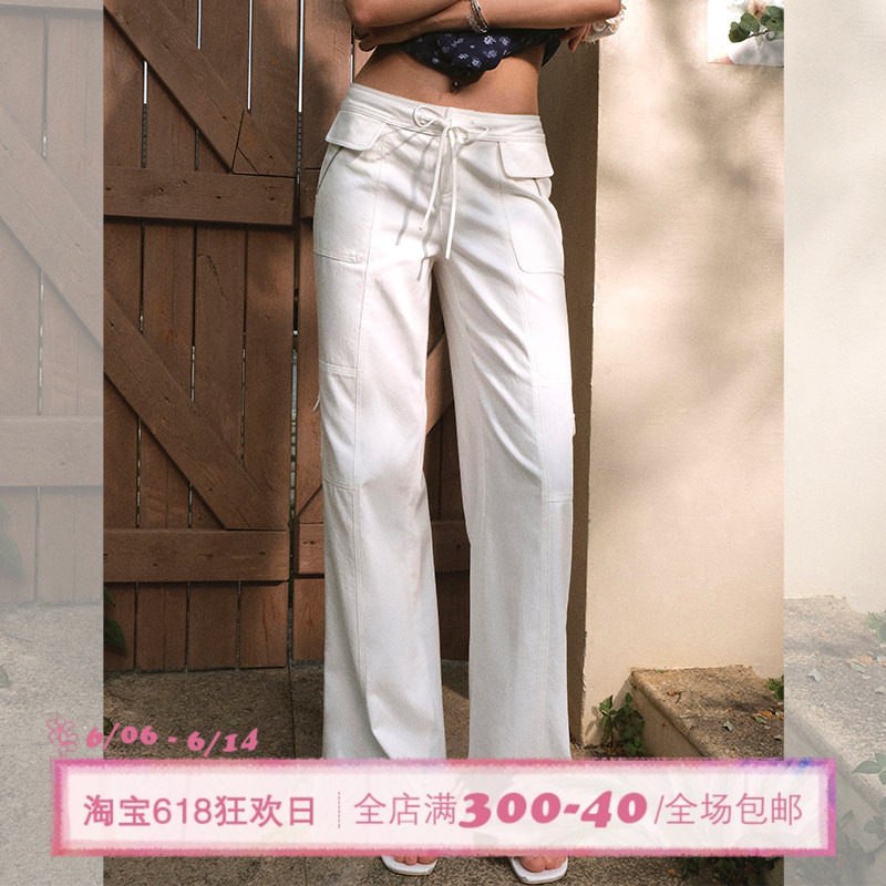 ITSNIKAR经典绑带中低腰休闲裤女春夏多口袋直筒工装裤百搭长裤子