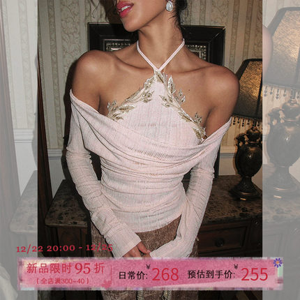 ITSNIKAR 12/22 20:00法式长袖一字肩毛针织衫女荡领毛衣露肩上衣