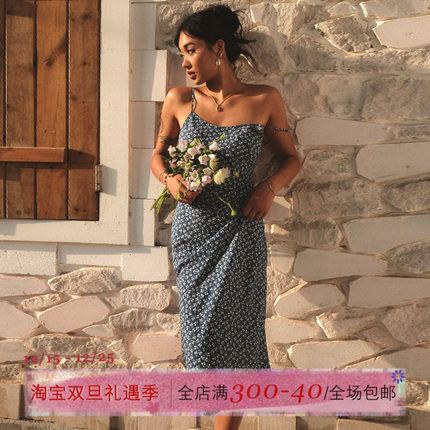 ITSNIKAR 复古波点碎花连衣裙女春夏度假风修身吊带裙包臀长裙子