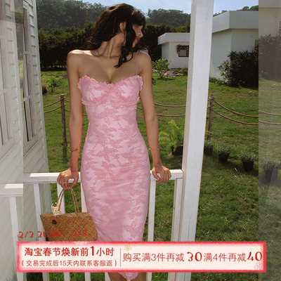 ITSNIKAR法式玫瑰花吊带连衣裙女夏黑色蕾丝包臀裙性感显瘦长裙子