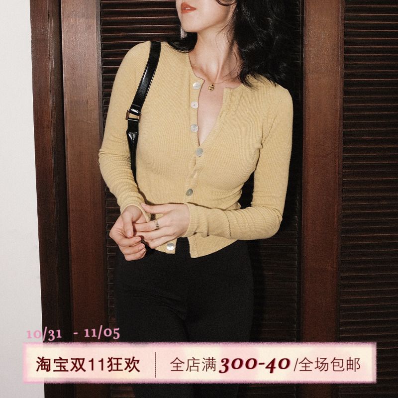 ITSNIKAR鹅黄色法式针织开衫