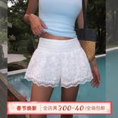ITSNIKAR 子 女纯棉提花高腰显瘦休闲裤 法式 白色芭蕾蕾丝花边短裤