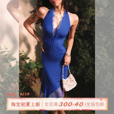 ITSNIKAR法式细闪挂脖连衣裙女春性感修身包臀裙蕾丝拼接中长裙子