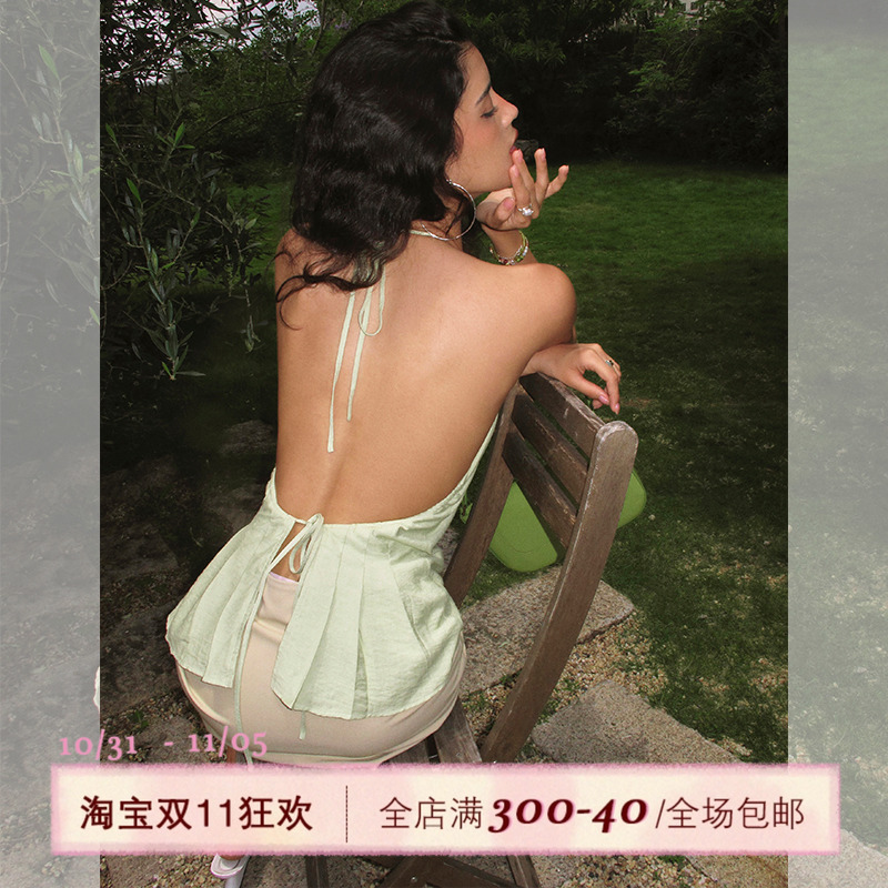 ITSNIKAR 法式露肩褶皱设计挂脖背心女夏显瘦内搭性感优雅短上衣