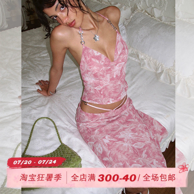 ITSNIKAR慵懒风荡领性感露背吊带套装女夏印花显瘦包臀裙子两件套