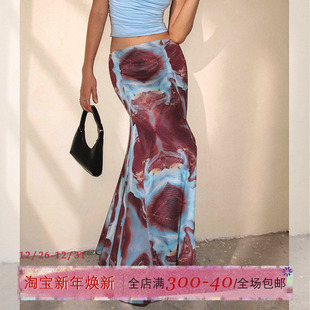 ITSNIKAR裸感网纱印花半身裙女夏高开叉性感包臀裙修身 显瘦长裙子