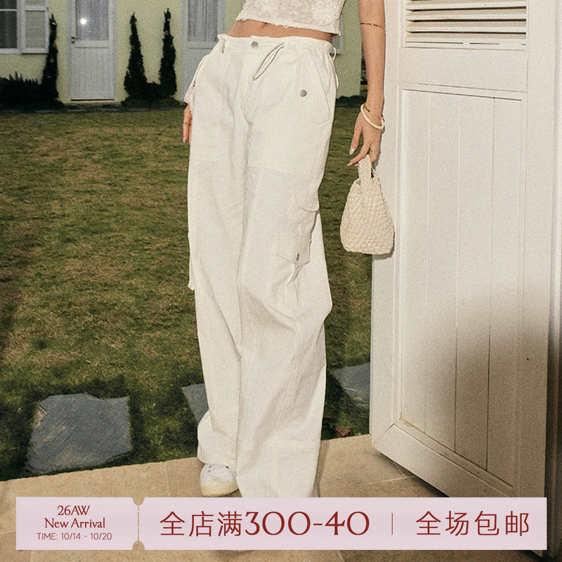 ITSNIKAR 辣妹高腰立体口袋直筒工装裤女松紧腰休闲垂感阔腿裤子
