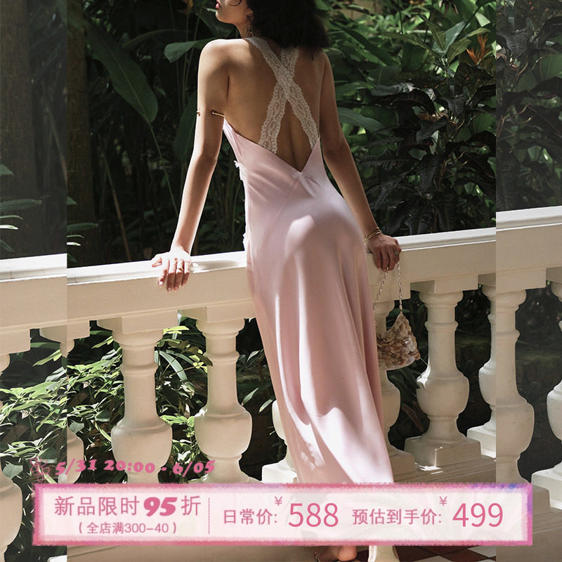 ITSNIKAR 法式缎面镂空吊带连衣裙女夏蕾丝性感包臀裙修身长裙子