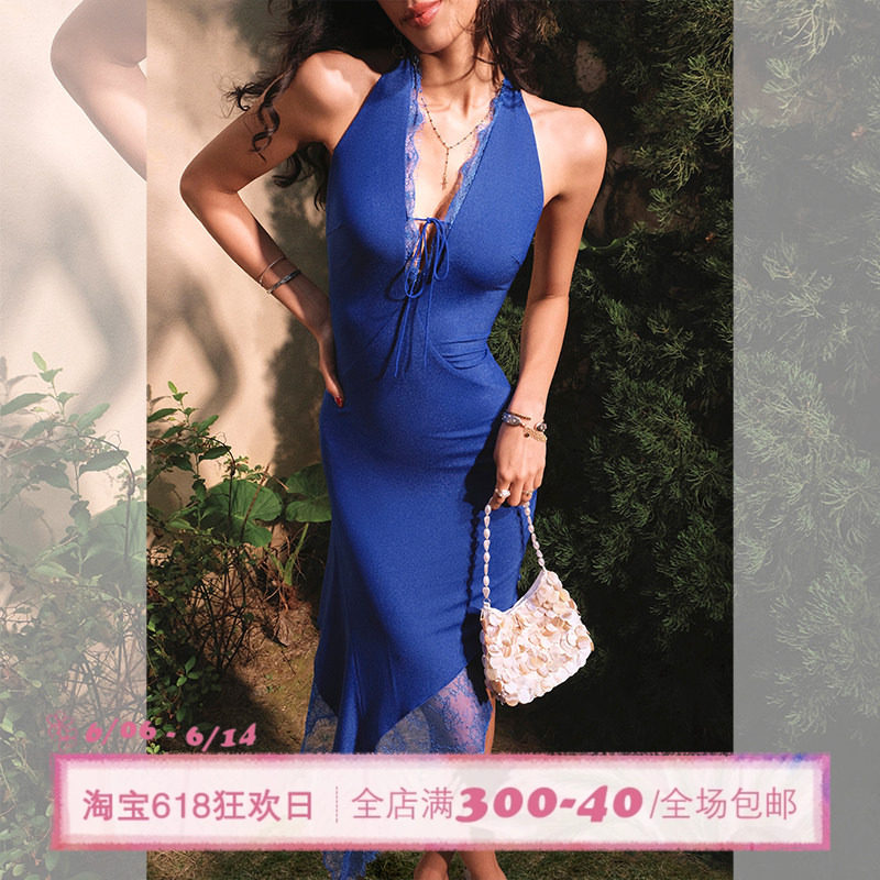 ITSNIKAR法式细闪挂脖连衣裙女春性感修身包臀裙蕾丝拼接中长裙子