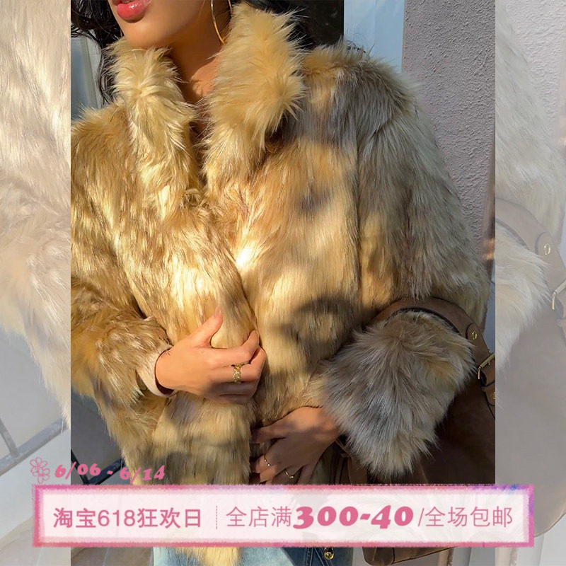 ITSNIKAR欧美复古翻领短款环保皮草女节日感贵气毛毛外套气质上衣