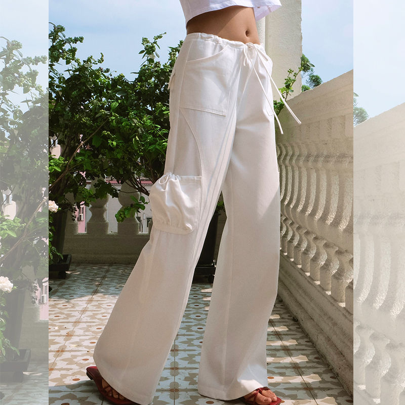 ITSNIKAR经典绑带设计休闲裤女口袋立体工装裤垂感显瘦直筒长裤子