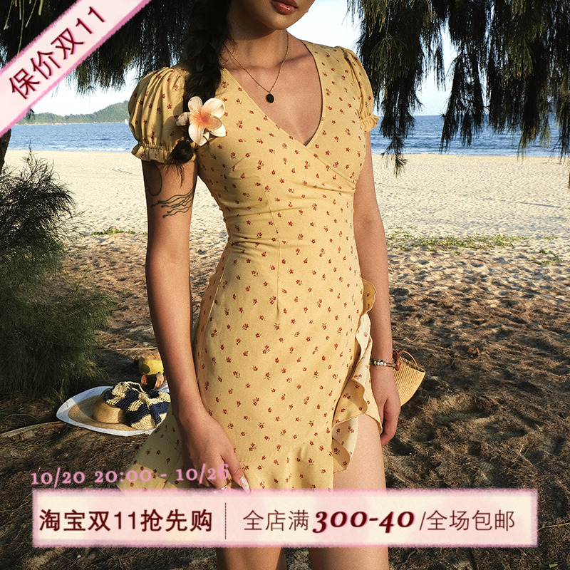 ITSNIKAR法式V领短袖连衣裙