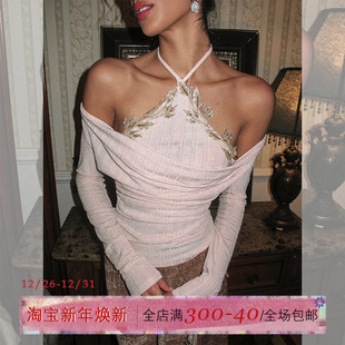 女荡领露肩毛衣收腰显瘦挂脖上衣 一字肩毛针织衫 ITSNIKAR法式 长袖