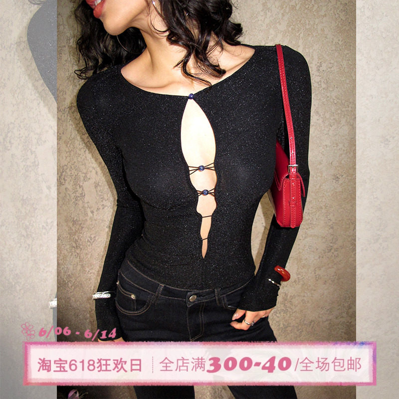 ITSNIKAR 法式镂空V领针织衫女冬氛围感修身打底衫节日派对短上衣