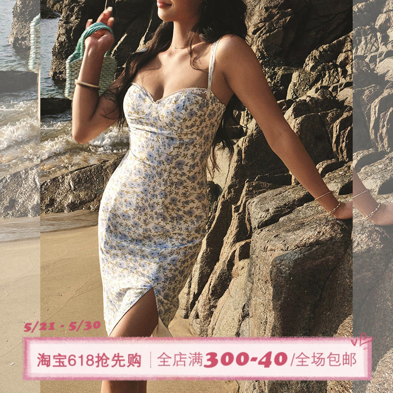 ITSNIKAR 法式茶歇碎花连衣裙女早春蕾丝拼接吊带裙性感包臀裙子