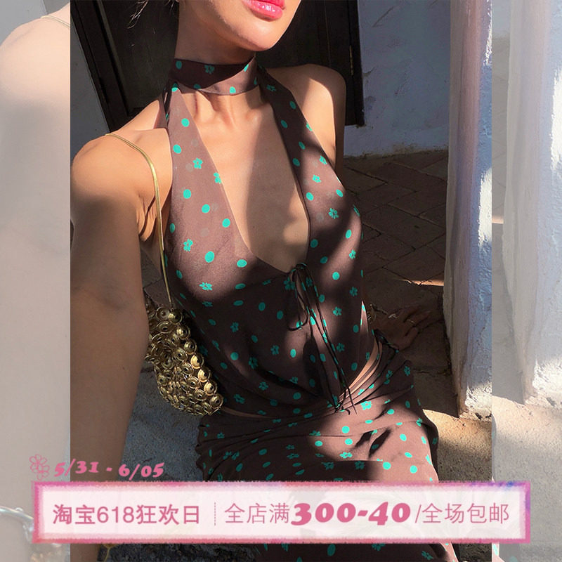 ITSNIKAR 法式雪纺露背V领挂脖背心套装女夏复古印花半身裙两件套