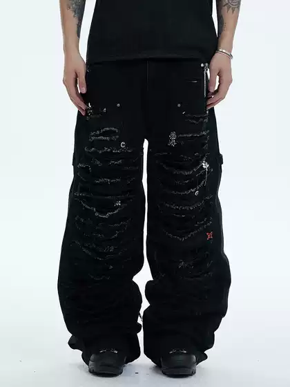 Dnd4Des Chen Sihan's Same Design, Heavy-Duty Washed Distressed Baggy Jeans, Gemstone Lumberjack Pants