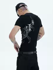 Dnd4Des American Street Hip-Hop Honeysuckle Pattern Cross Print Slim Fit Stretch Short-Sleeve Crew Neck Ribbed T-Shirt