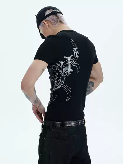 Dnd4Des American Street Hip-Hop Honeysuckle Pattern Cross Print Slim Fit Stretch Short-Sleeve Crew Neck Ribbed T-Shirt