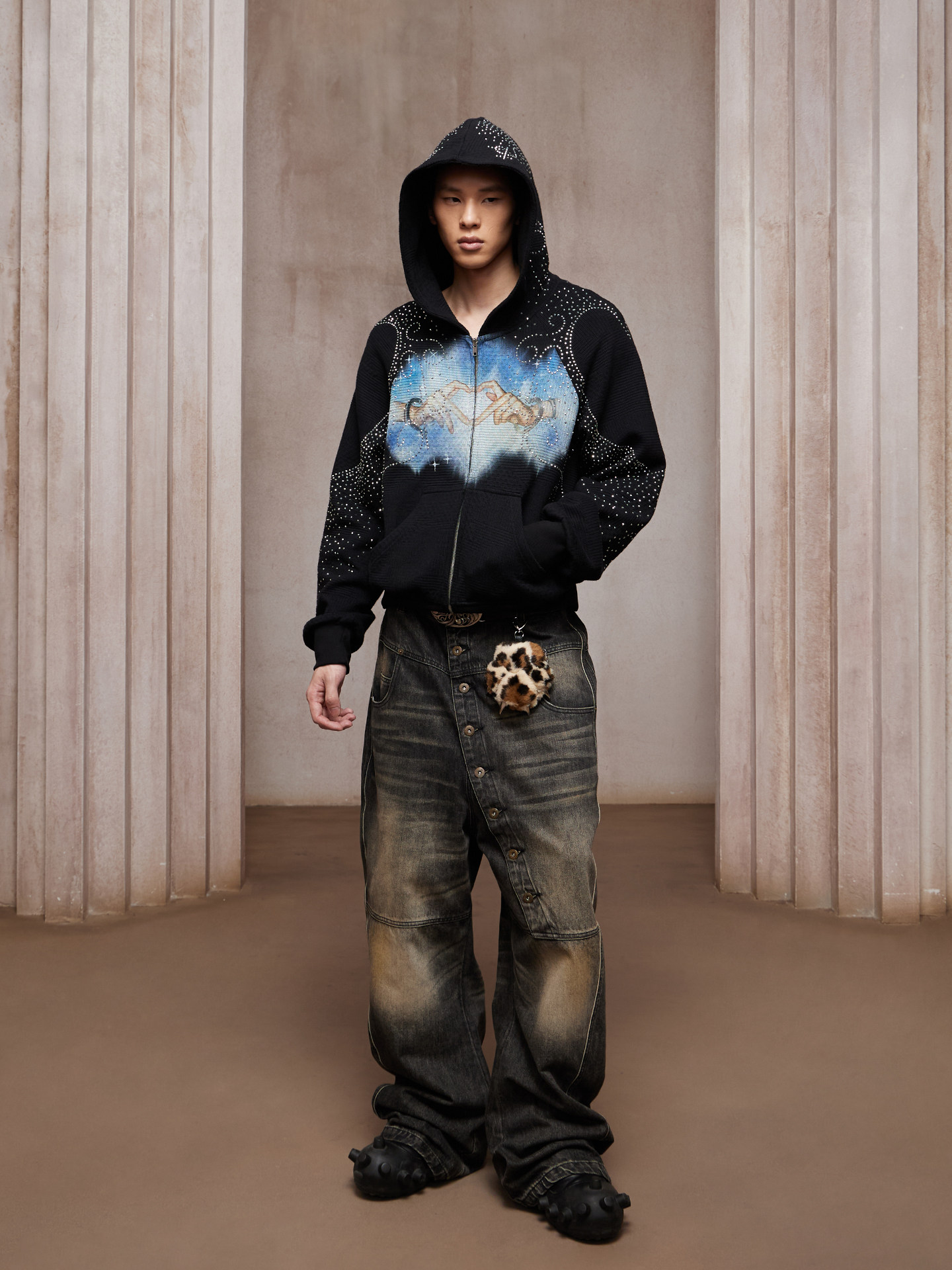 DND4DES] Rhinestone Heart Print Zip-Up Hoodie - OLDLAUNDRY