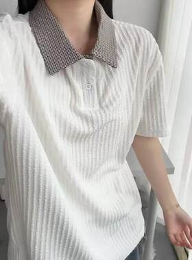 学院风格子拼接polo领短袖T恤夏季设计感小众假两件正肩上衣潮