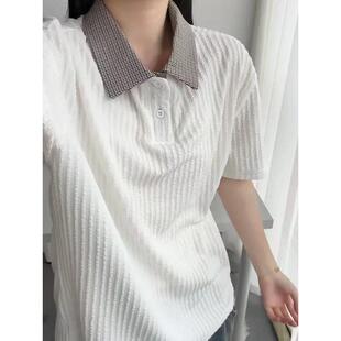 学院风格子拼接polo领短袖T恤夏季设计感小众假两件正肩上衣潮