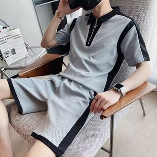 休闲潮牌冰丝polo衫 运动套装 痞帅男装 华夫格男士 薄款 短袖 夏季 短裤