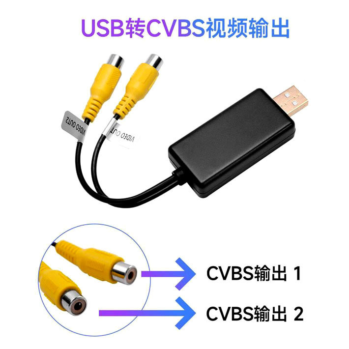 安卓车载大屏导航USB转CVBS视频输出转换器到头枕屏吸顶机转接线