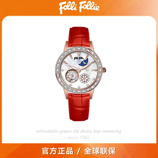 follifollie新款 手表 欧洲轻奢贝母真皮表带防水腕表进口机械女款