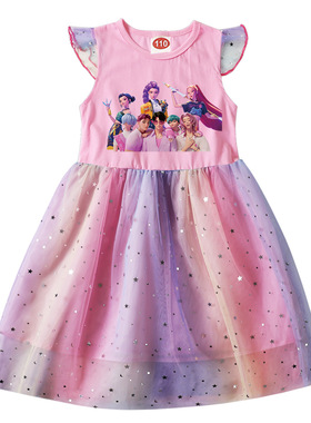 潮Kpop Demon Hunter猎魔女团童装全棉网纱裙子小飞袖女童连衣裙