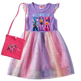 夏Kpop Demon Hunter猎魔女团童装纯棉网纱裙子女童飞飞袖连衣裙