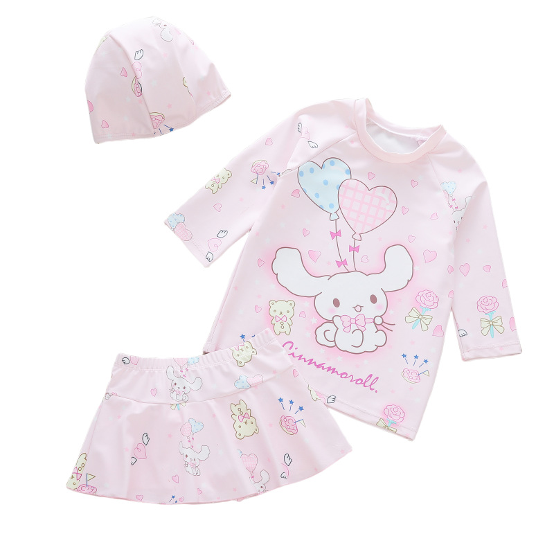 紫色玉桂狗儿童泳衣可爱卡通女童游泳衣小公主三件套小朋友游泳衣