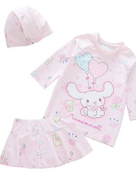 紫色玉桂狗儿童泳衣可爱卡通女童游泳衣小公主三件套小朋友游泳衣