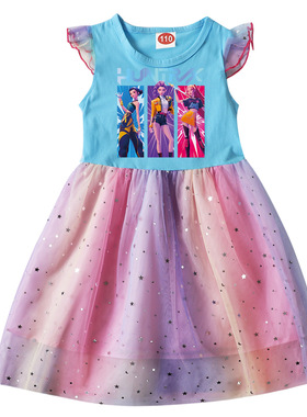 夏Kpop Demon Hunter猎魔女团童装全棉网纱裙子小飞袖女童连衣裙