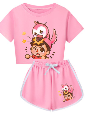 24夏季卡通动漫FLIM WALF火烈鸟儿童短款短袖短裤套装110cm-170cm