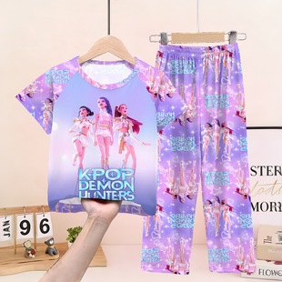 卡通K-Pop儿童睡衣春夏季短袖长裤沙加男孩套装猎魔女团薄家居服