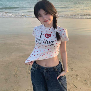 百搭半袖 美式 修身 复古爱心狗狗脚印短袖 上衣 T恤正肩体恤辣妹短款