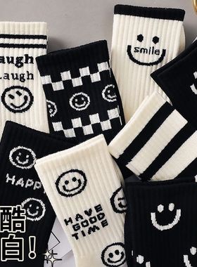 黑色长袜子女春夏中筒网红爆款ins潮高颜值炸街学院风白色笑脸袜