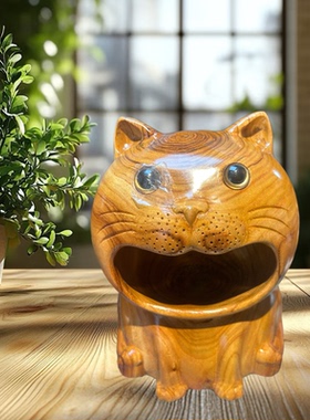 木雕小猫摆件天然香樟实木上漆