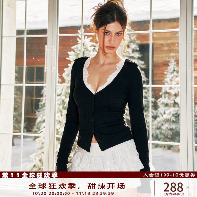 Anti Being General辣妹风修身V领撞色蕾丝拼接绞花针织开衫上衣