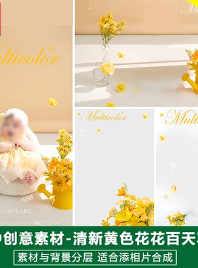 新版儿童影楼后期PS模板百天满月宝宝照片设计小清新黄色花束素材