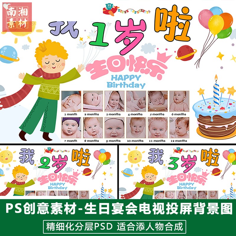 新版儿童影楼后期PS模板宝宝照片派对设计生日电视投屏背景图素材