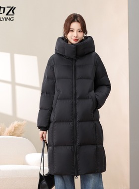 雪中飞2025年冬季新款休闲时尚百搭中长款女士纯色连帽羽绒服外套