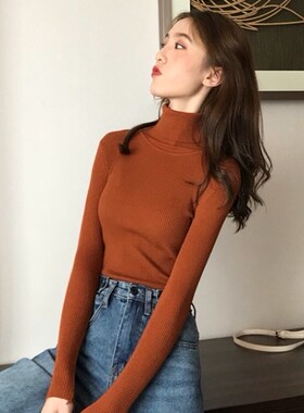 韩国风ins复古橙色脏橘色焦糖桔纯色基础款高领毛衣针织打底衫女