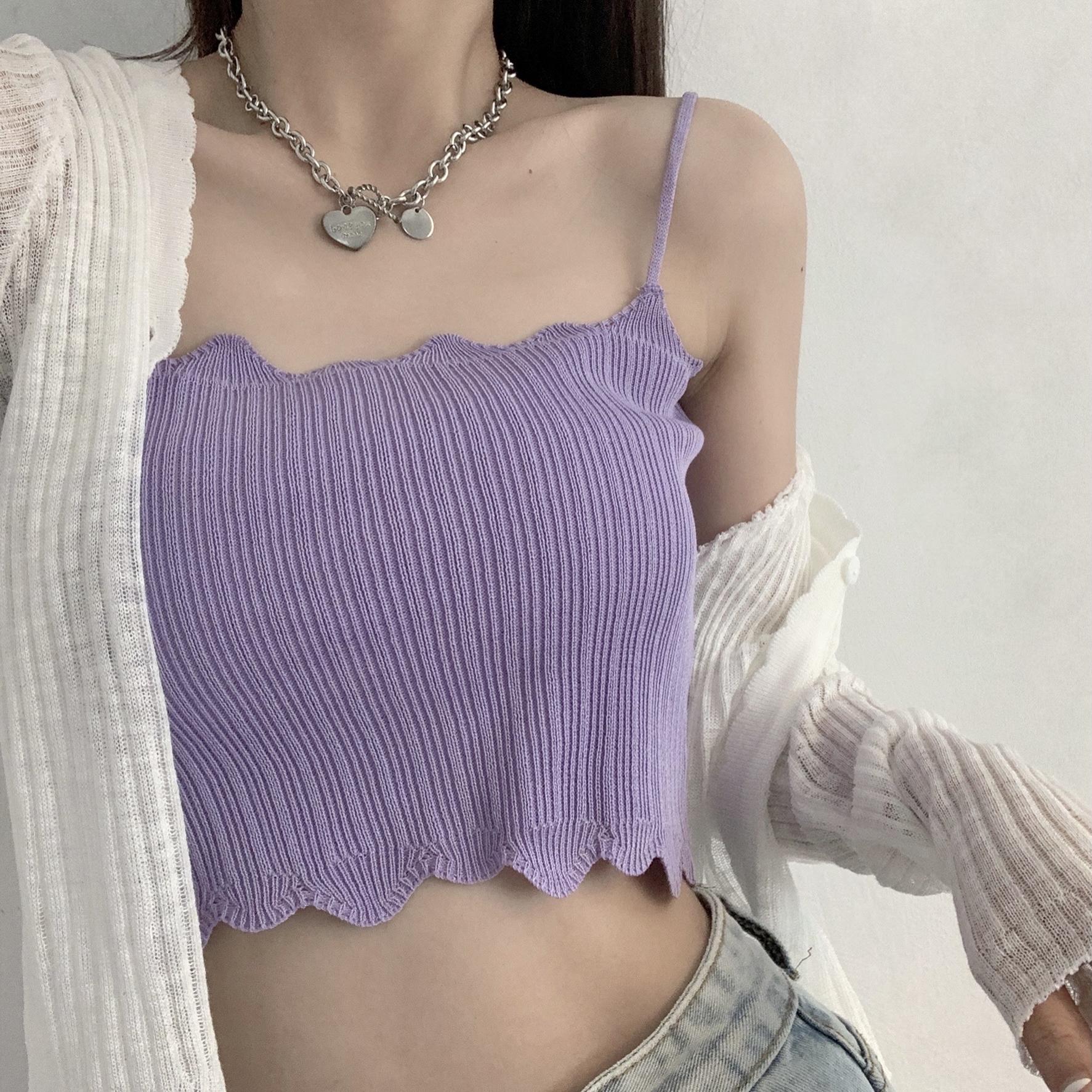 2025夏季韩版波浪边短款露脐显白紫色吊带女辣妹西装内搭短款背心