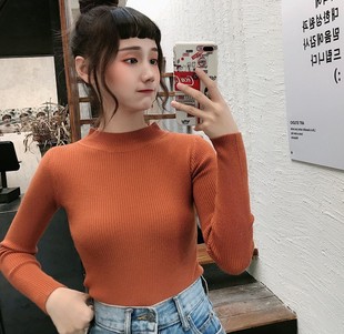 韩版chic复古橙色焦糖橘色脏橘色纯色基础款百搭半高领针织打底衫