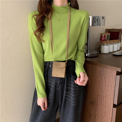韩版牛油果绿色芥末绿抹茶绿半高领包芯纱纯色修身显瘦打底衫毛衣