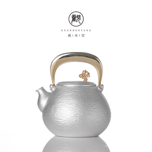 栖凤居太湖石钮纯银锤纹提梁小银壶足银手工锤打茶壶一人饮小泡壶