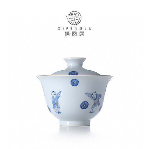 栖凤居描金手绘青花盖碗陶瓷茶具