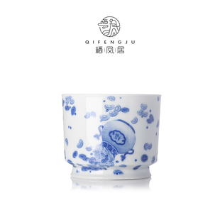 家用喝茶主人杯高端直口杯 栖凤居观本堂青花手绘福袋纹茶杯中式